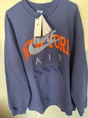 Nike Men's Navy Crewneck with Orange 'New York' and Gray Swoosh